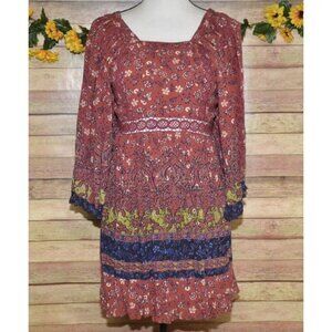 Cute Angie Dress Women’s Size L Floral Boho Puff Bell Sleeve Midi Smocked Lace